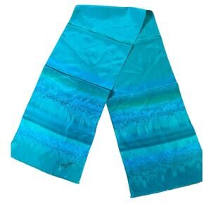 Hand Painted Aqua Blue Green Silk Scarf 44x8 Signed by artist